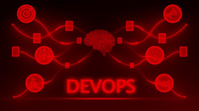 Red glowing DEVOPS concept with brain and connected icons on black background DEVOPS development