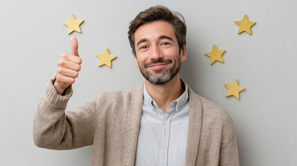 Happy man giving thumbs up with five stars for positive feedback and excellent rating concept