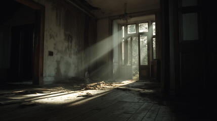 dolly zoom tracking shot through destroyed old house interior