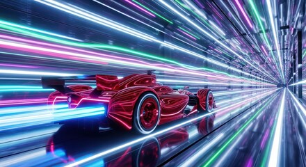 Futuristic race car speeding through a vibrant tunnel of neon light streaks rendering
