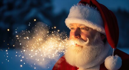 Enchanting christmas magic santa claus breaths out sparkling winter air outdoors in a snowy