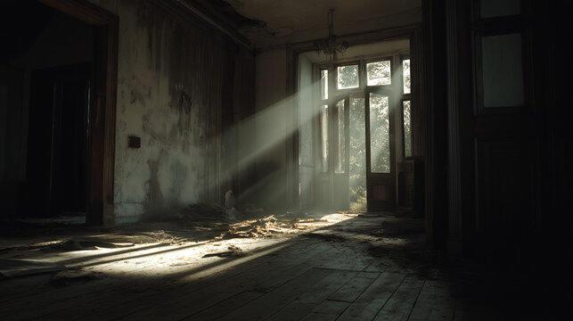 dolly zoom tracking shot through destroyed old house interior