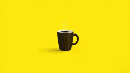 A steaming black coffee mug placed on a vibrant yellow background, evoking warmth and comfort