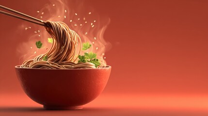 A steaming bowl of noodles being twirled with chopsticks, garnished with herbs against a warm backdrop