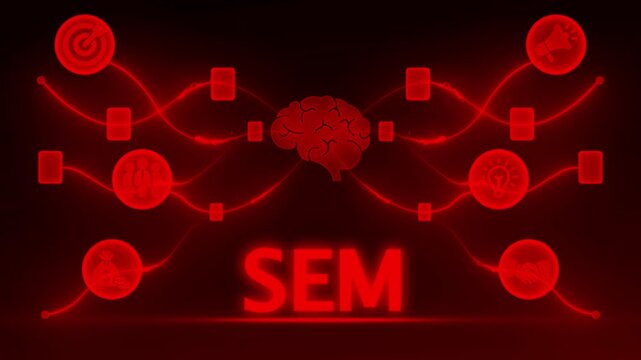 Red glowing SEM concept with brain and connected icons on black background Search Engine Marketing