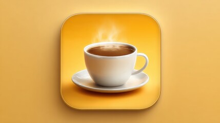 A steaming cup of coffee on a white saucer against a vibrant yellow background, evoking warmth