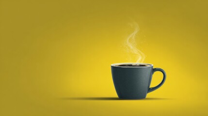 A steaming cup of coffee on a vibrant yellow background, creating a warm and inviting atmosphere