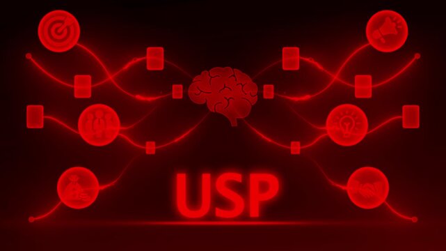Red Neon USP Unique Selling Proposition Network with Brain and Icons on Dark Background strategy marketing
