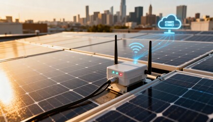 Smart grid sensors installed on urban rooftop solar panels sending realtime performance data to enhance renewable resource management.