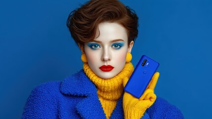 A stylish model in vibrant blue and yellow attire poses with a smartphone against a blue backdrop