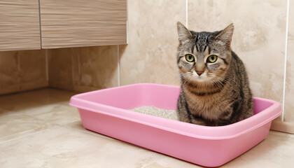 Cute cat using litter box in bathroom