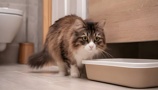 Cute cat using litter box in bathroom