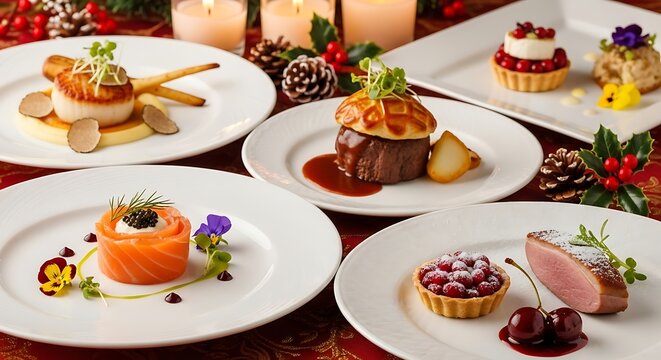 Festive Holiday Dinner: An array of gourmet dishes on a table.