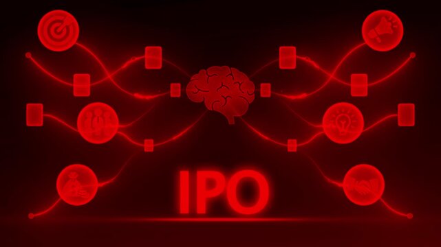 Red Neon IPO Initial Public Offering Network with Brain and Icons on Dark Background stock market finance
