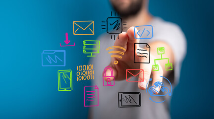 Hand interacting with colorful digital icons representing technology, data, network, and communication. Perfect for tech, innovation, and