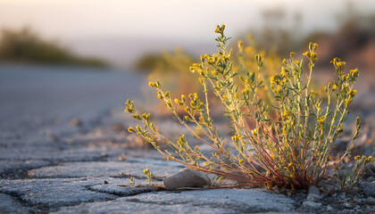 Desert flora emerges at sunset roadside landscape nature photography wilderness close-up growth resilience