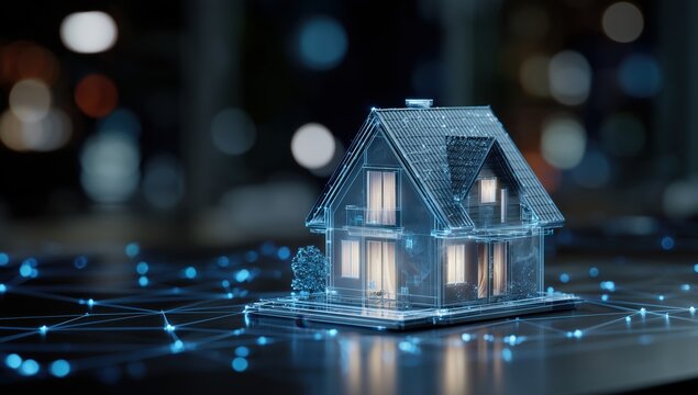 3d blue hologram of smart home technology with a house model and digital network connections on a dark background, a high-tech concept for online house shopping or home design software Generative AI