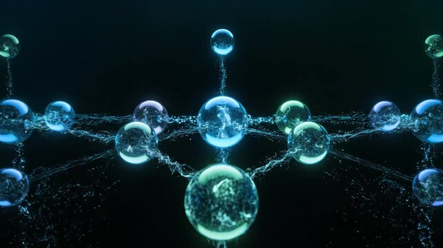 Abstract visualization of quantum computing data processing with interconnected spheres and intricate glowing particles flowing seamlessly analytic, artificial intelligence, interconnected spheres