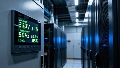 Medium shot of a digital voltage regulator panel displaying realtime power stability metrics in a modern electrical control room.