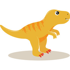 Cute cartoon orange Tyrannosaurus Rex dinosaur with orange stripes and red claws standing on a light brown shadow with a white background perfect for children's themes and educational content