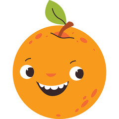 Cute cartoon orange with a happy face and a green leaf stem isolated on a transparent background