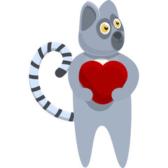 Cute Cartoon Lemur Holding a Red Heart with a Striped Tail and Yellow Eyes on a Transparent Background