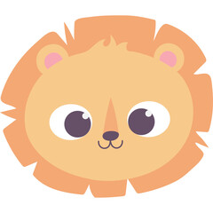 Cute Cartoon Lion Face with Orange Mane and Big Purple Eyes Isolated on Transparent Background Simple Flat Design Style