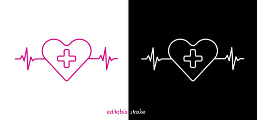 Editable stroke heart diagram with heart, cardiogram, medical cross set, heartbeat line vector design to use for healthcare, healthy lifestyle, medical laboratory, cardiology project.