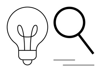Black and white lightbulb next to magnifying glass, symbolizing ideas, creativity, research, discovery, knowledge, learning and analysis. Ideal for education problem solving and innovation. Simple