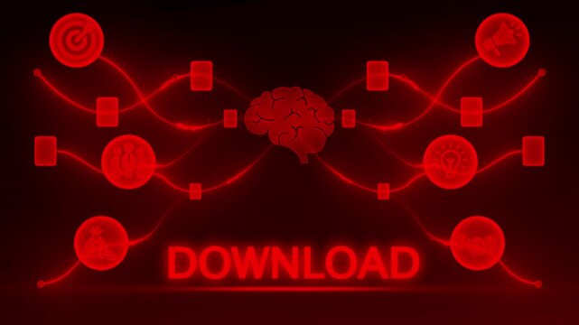Red Neon Brain Network with Icons and DOWNLOAD Text on Dark Background download data