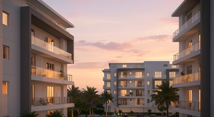 Modern residential buildings with spacious balconies illuminated by the warm glow of sunset, surrounded by lush palm trees in a contemporary urban setting, offering a serene urban lifestyle