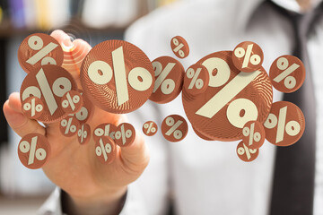 Digitally rendered percentage symbols floating in front of a person, symbolizing discounts, deals,...