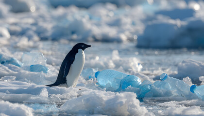 Obraz premium Penguin standing on icy water among scattered blue plastic bottles and pollution. Concept Penguin and plastic pollution, Plastic waste in polar seas, Conservation in polar regions