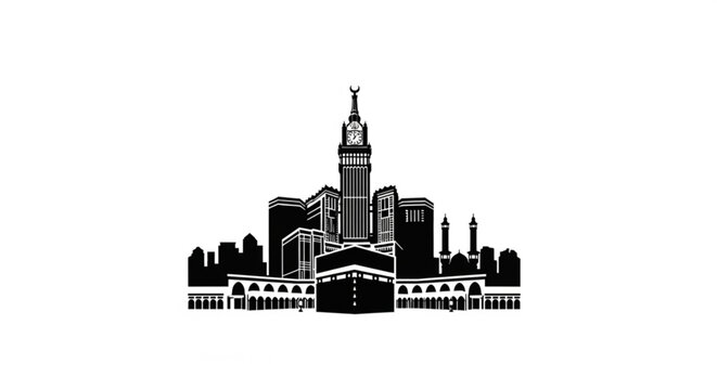 Silhouette illustration of the abraj al bait clock tower and kaaba in mecca saudi arabia