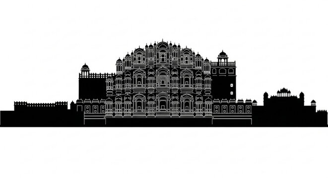 Black silhouette of hawa mahal palace with intricate details and architectural design in india cityscape view