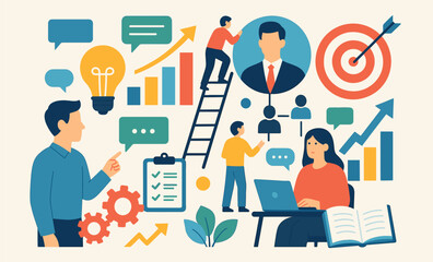 Business management and teamwork concept — strategy, communication, and leadership illustration