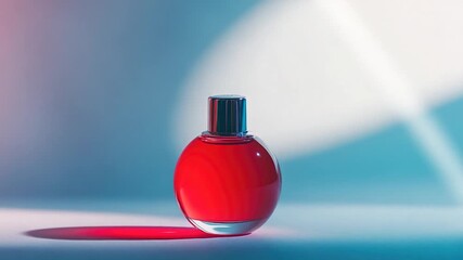 A small red perfume bottle sits on a light blue surface, ready to be used