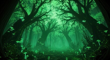 Ethereal glow of a bioluminescent forest with ancient trees and luminous fungi creating an