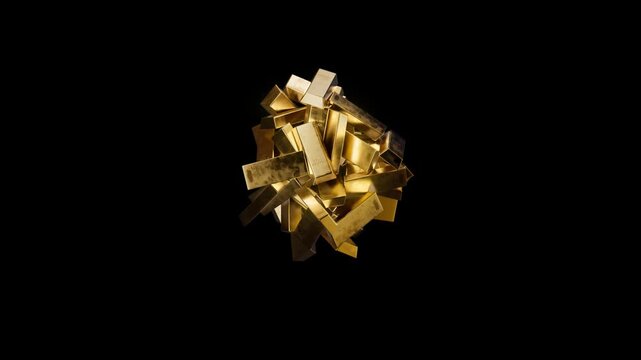 Numerouse warm yellow shiny pure gold bars scattered and moving around center of the frame on the black background. Horizontal 3d animation of gold ingots with reflection and glow