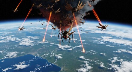 Horrific insectoid invaders attack earth, raining fiery laser destruction upon the planet