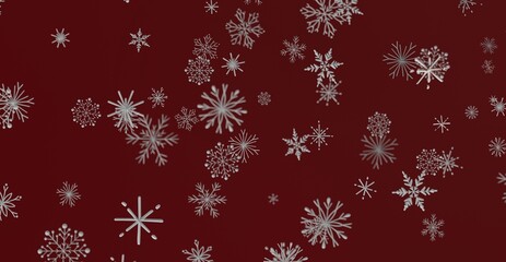 Abstract snowflake pattern falling on a burgundy background. Perfect for Christmas, winter, holidays, and festive designs.  Beautiful, elegant,