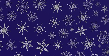 Decorative seamless pattern of white snowflakes on a deep blue backdrop, perfect for holiday and...