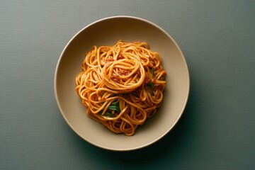 Spaghetti With Tomato Sauce and Basil Served in a Ceramic Bowl Sits on a Textured Gray Surface