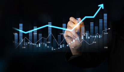 A business analyst engages with a dynamic stock market growth chart, showcasing financial data and...