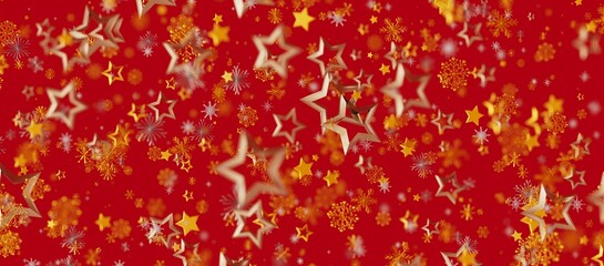 Christmas background with golden stars and snowflakes on a vibrant red backdrop. Perfect for holiday design, greetings and decorations. © vegefox.com