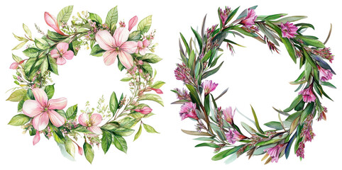 PNG Floral wreaths with pink flowers, element set on transparent background