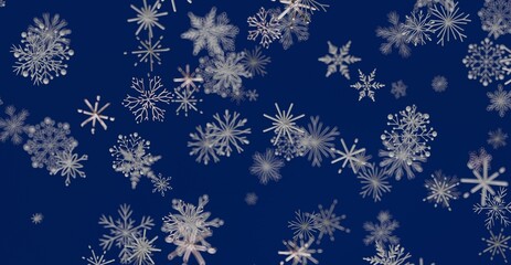 Abstract snowflakes falling on a deep blue background, perfect for winter holiday and seasonal designs. Ideal for festive concepts.