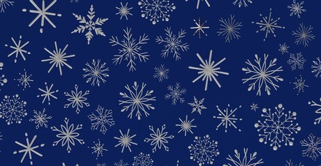 Elegant winter design featuring silver snowflakes on a dark blue backdrop. Perfect for holiday backgrounds and seasonal design needs.