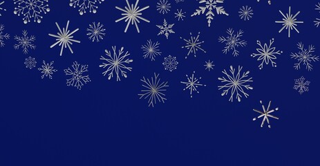 Stunning abstract winter background with detailed white snowflakes floating against a dark blue backdrop. Perfect for seasonal designs and holid