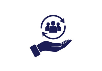 Hand holding a team of people in a circular refresh icon, symbolizing customer retention and support.